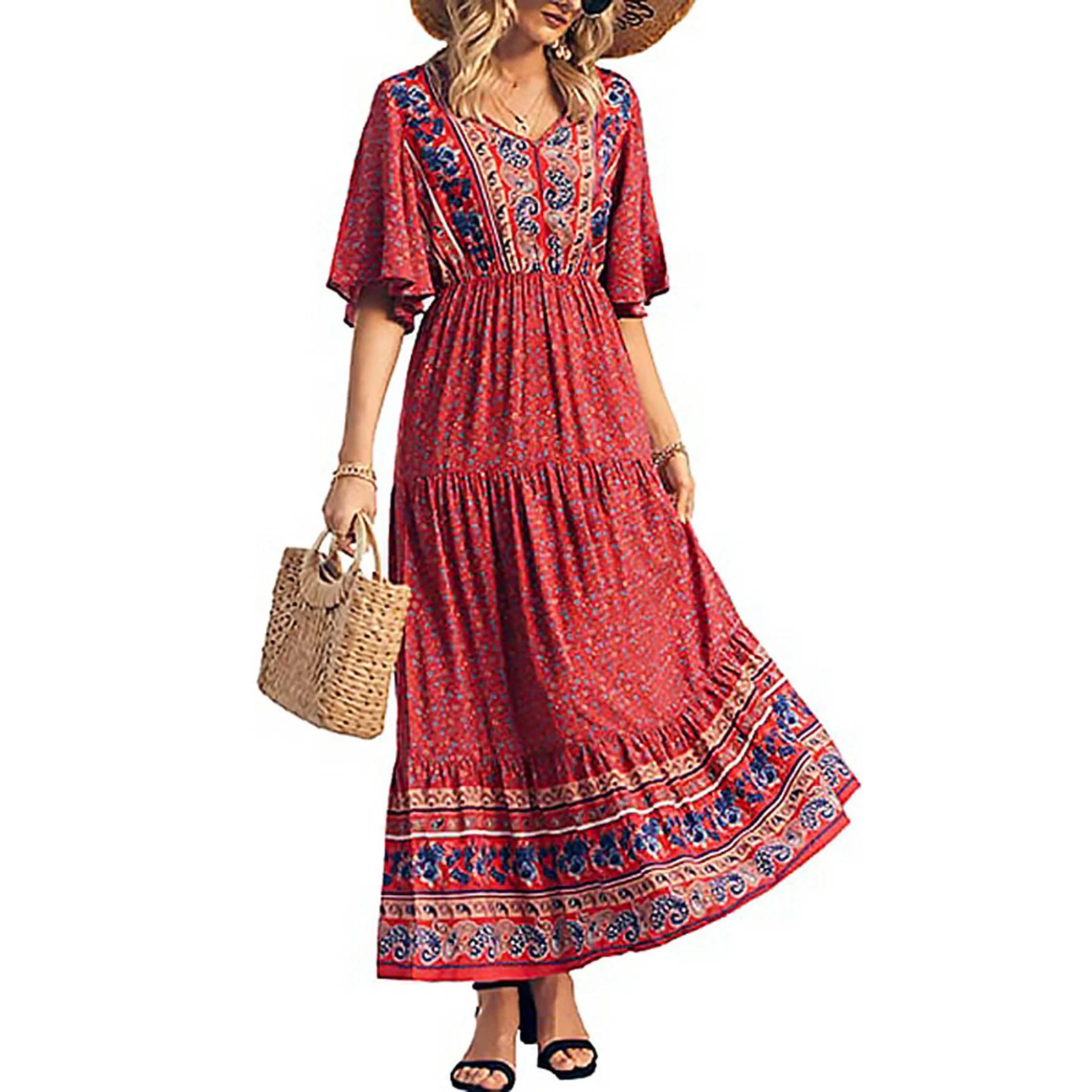 Red%20Retro%20Print%20Boho%20Long%20Dress-