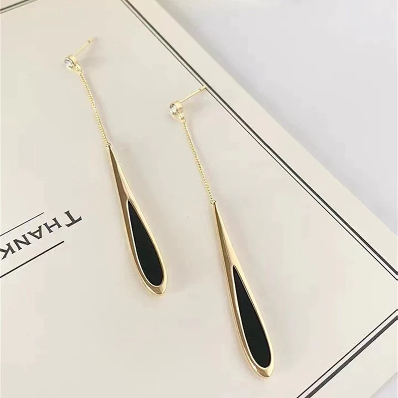 Black%20Long%20Water%20Drop%20Tassel%20Eardrop%20Stud%20Earrings/