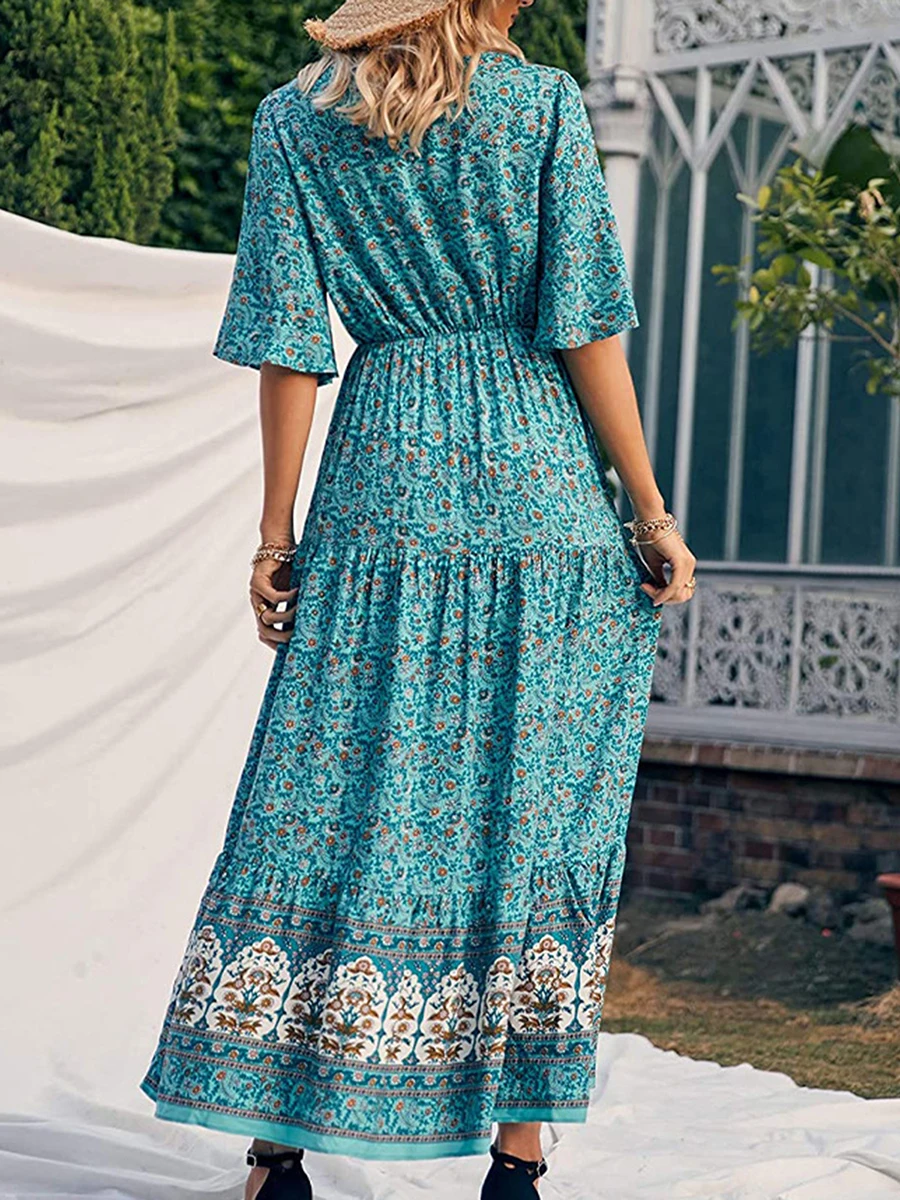 Retro%20Print%20Cyan%20Boho%20Long%20Dress-