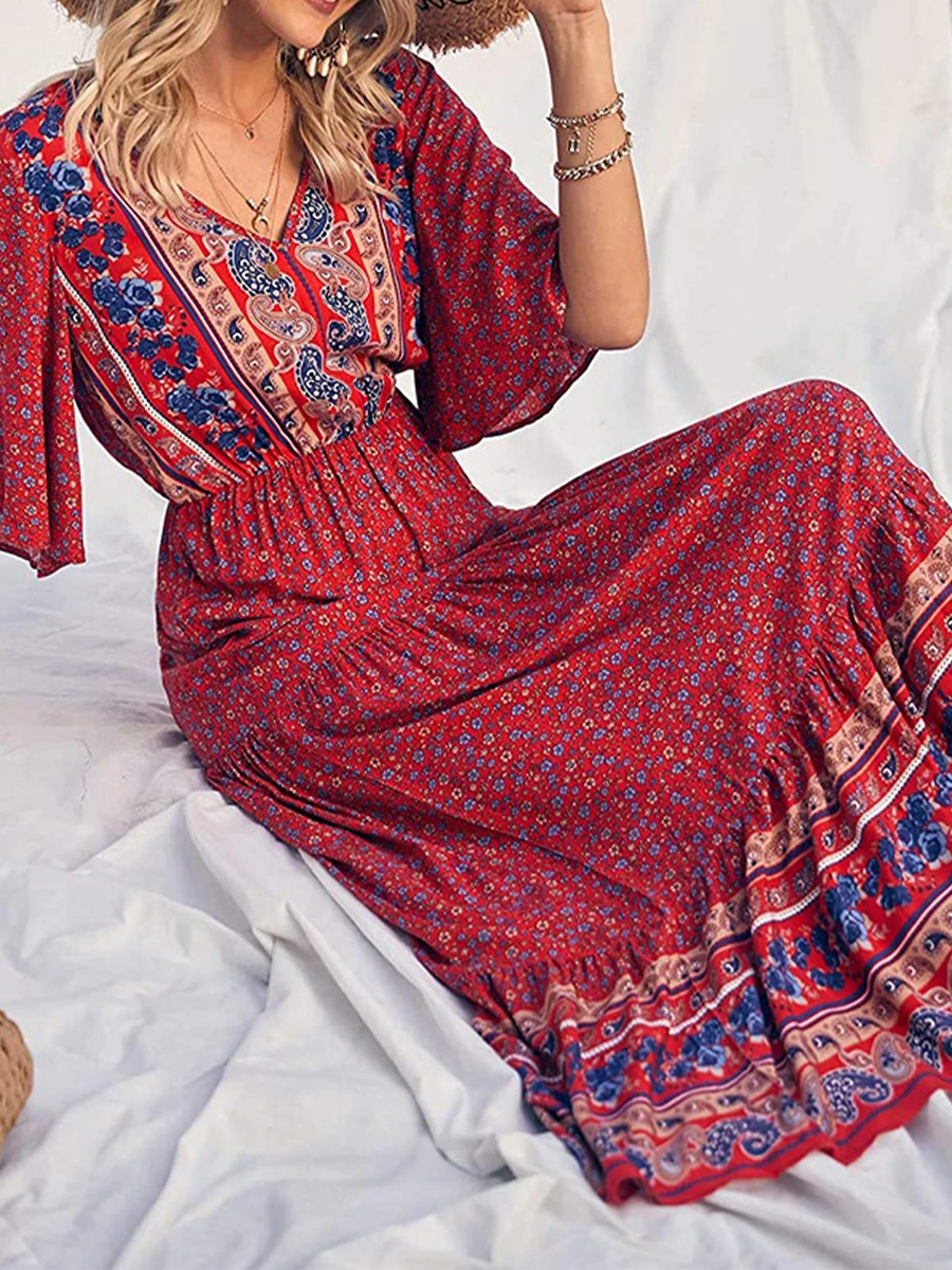 Red%20Retro%20Print%20Boho%20Long%20Dress-