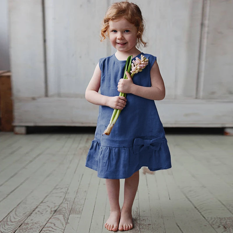 Blue%20Sleeveless%20O-Neck%20Linen%20Flower%20Girl%20Dress