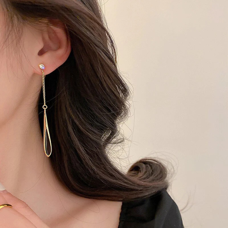 Black%20Long%20Water%20Drop%20Tassel%20Eardrop%20Stud%20Earrings