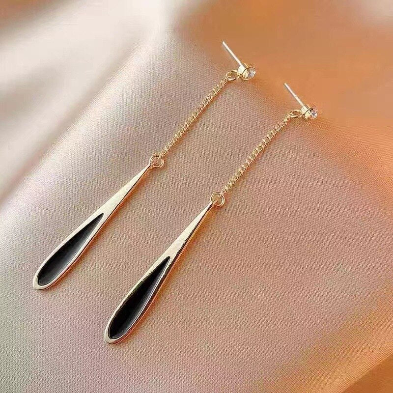 Black%20Long%20Water%20Drop%20Tassel%20Eardrop%20Stud%20Earrings