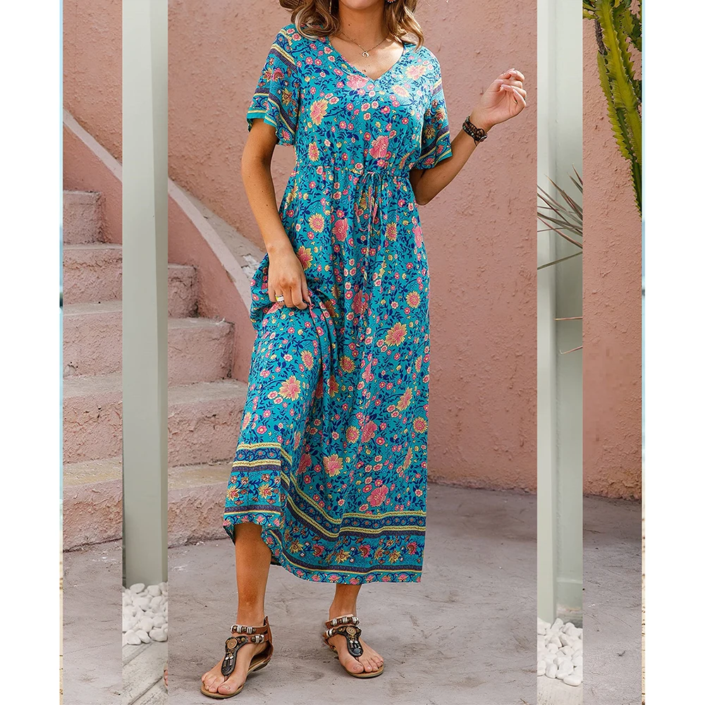 Blue%20V-Neck%20Floral%20Print%20Midi%20Dress