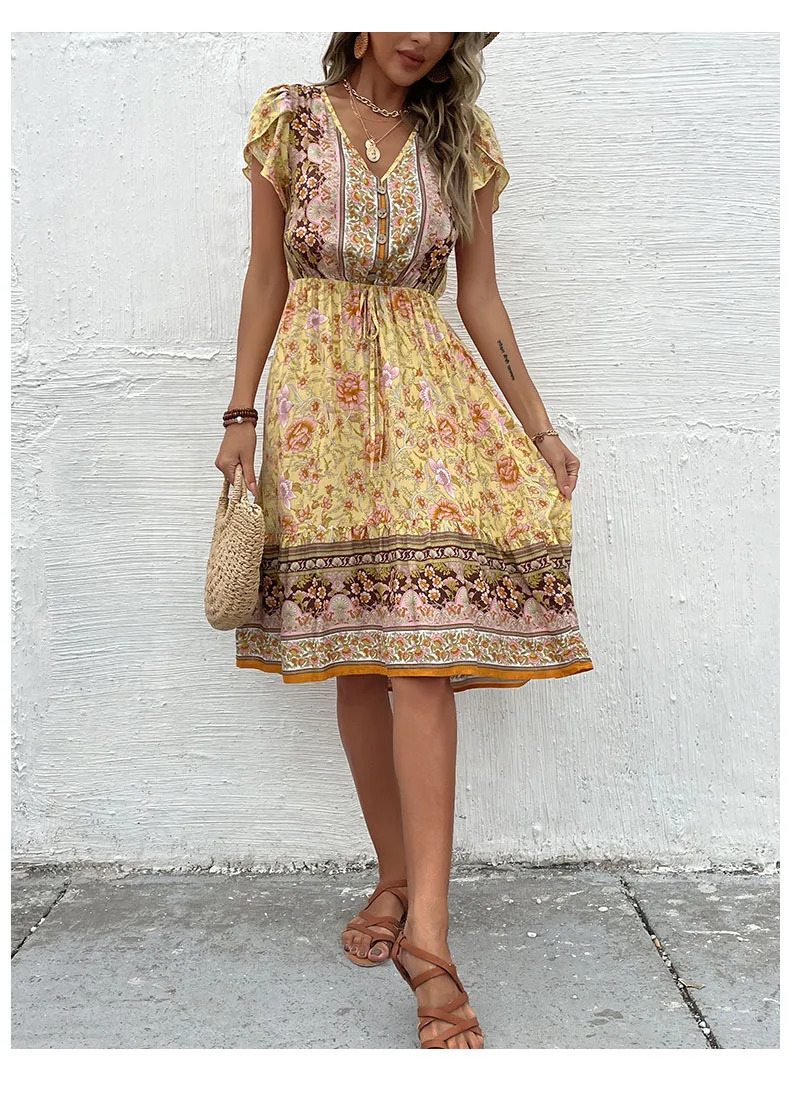 Floral%20Print%20Boho%20Yellow%20Midi%20Summer%20Dress