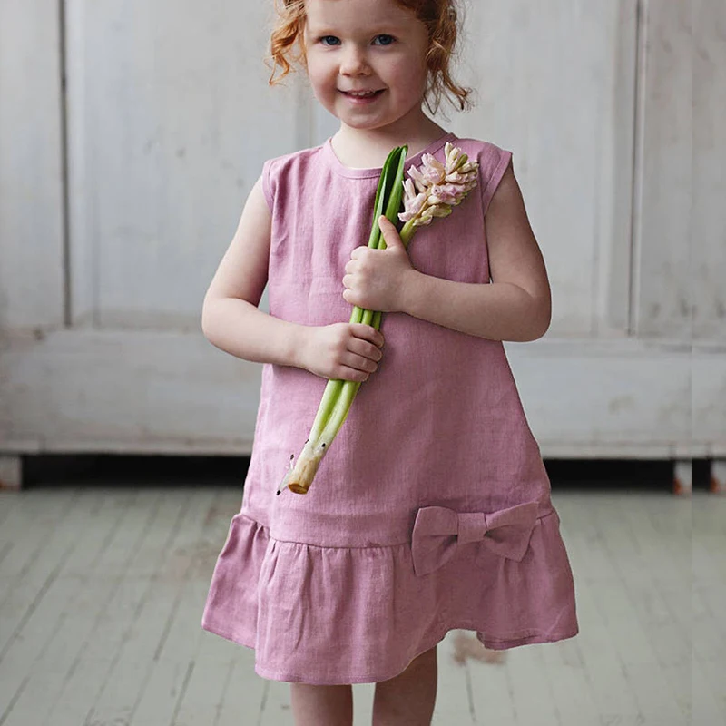 Pink%20Sleeveless%20O-Neck%20Linen%20Flower%20Girl%20Dress