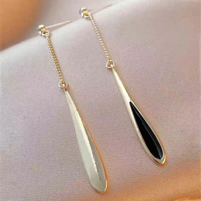 Black%20Long%20Water%20Drop%20Tassel%20Eardrop%20Stud%20Earrings/