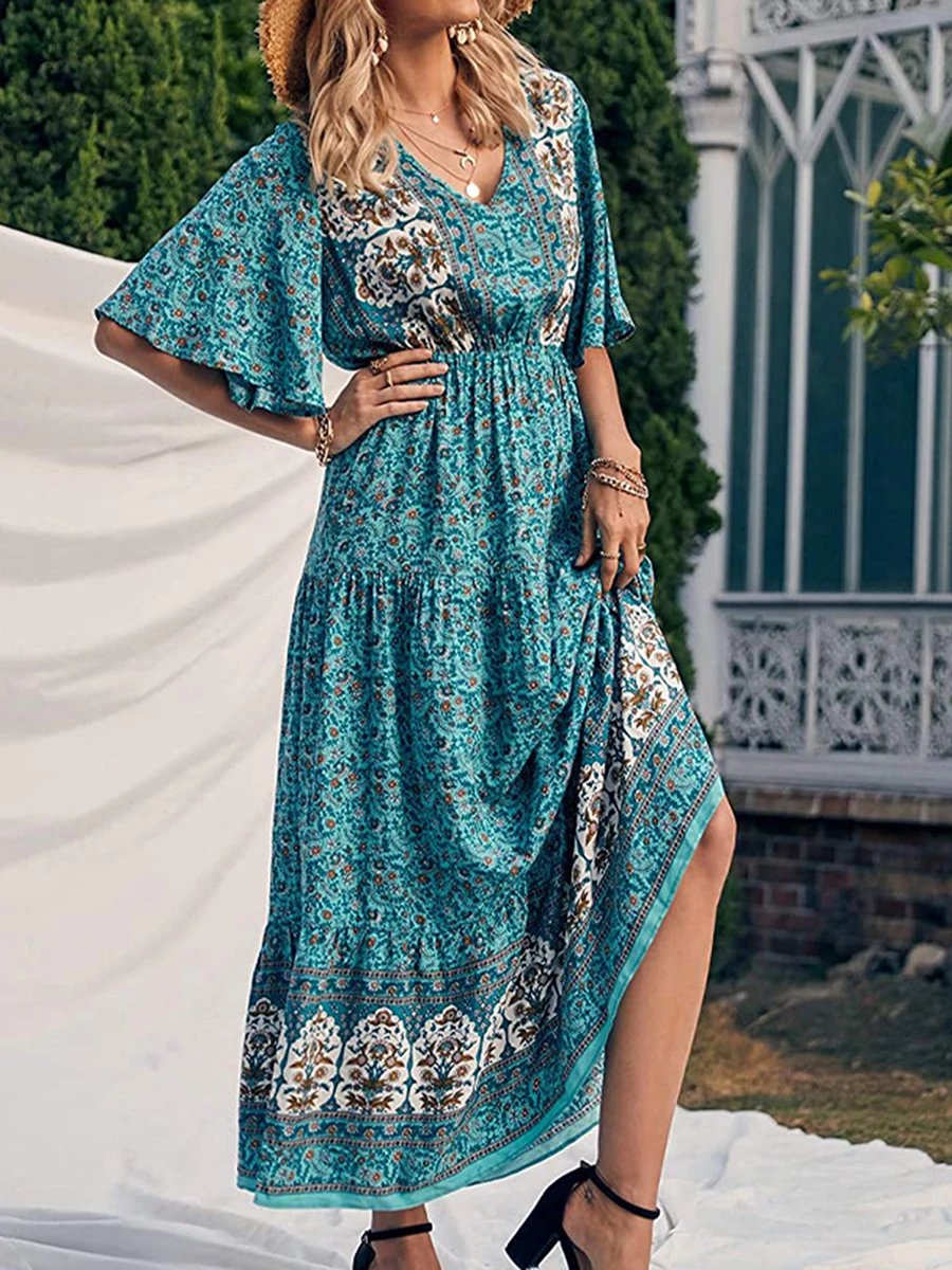 Retro%20Print%20Cyan%20Boho%20Long%20Dress-