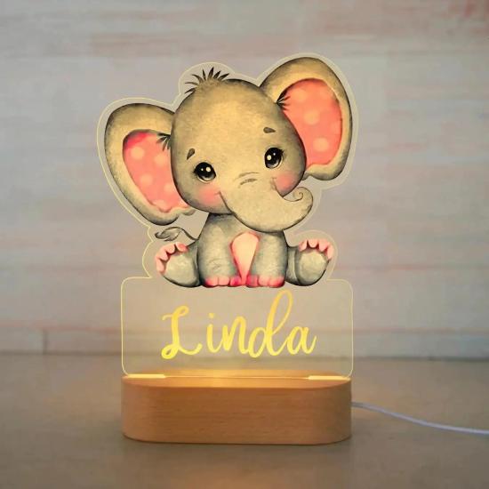 Elephant Personalized Baby Night Light With Wooden Base/