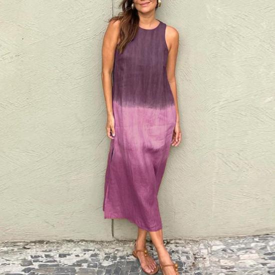 Purple Elegant O Neck Cotton Linen Sleeveless Dress-