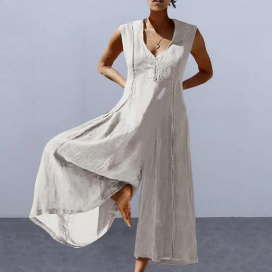 White Cotton Linen V-neck Sleeveless Jumpsuit