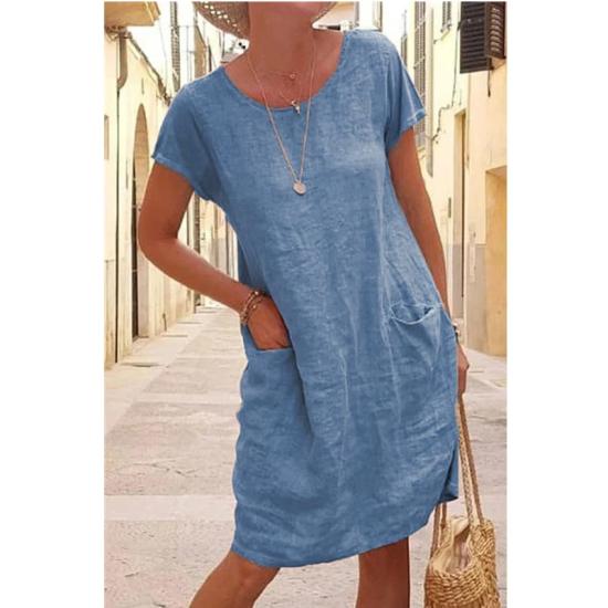 Blue Pocket Short Sleeve O Neck Cotton Linen Midi Dress-