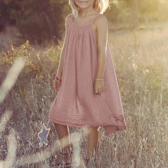 Children Adjustable Shoulder Pink Summer Dress  