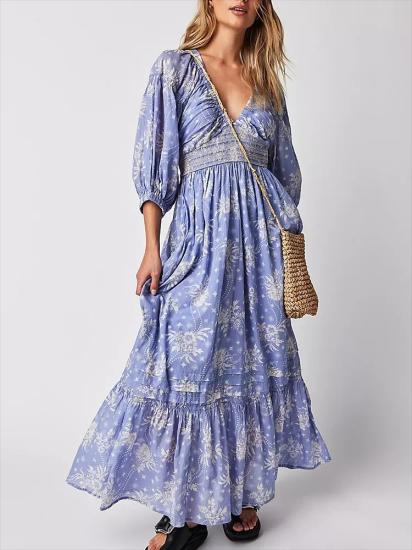 Blue Long Sleeve Boho Maxi Dress