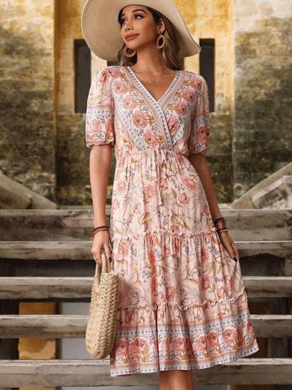 Bohemian Pink Floral Summer Dress   -