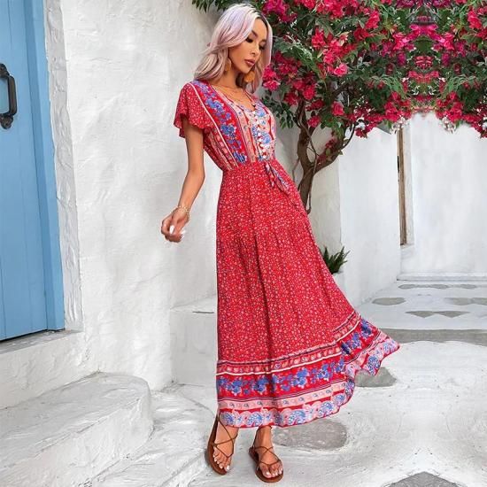 Red Floral Long Bohemian Dress