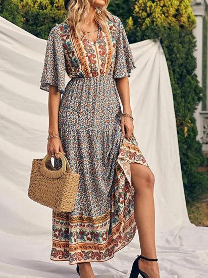 Yellow Retro Print Boho Long Dress-