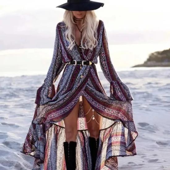 Long Sleeve Hippie Beach Maxi Dress  -