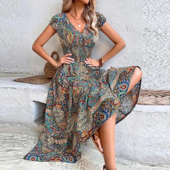 Green Women Vintage Print Maxi Summer Dress 