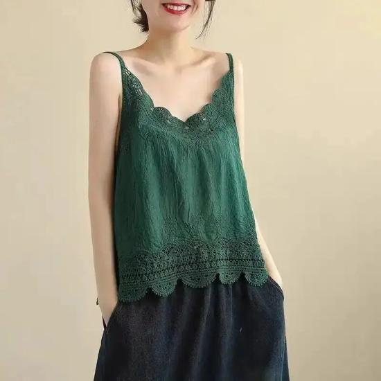 Green Cotton And Linen Lace Camisole