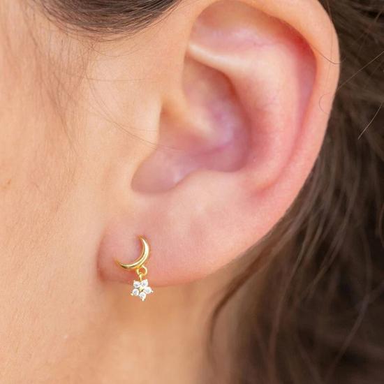 Dainty Crescent Moon With Dangling CZ Star Shaped Charm Stud Earrings/