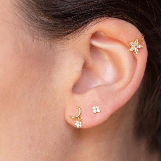 Dainty Crescent Moon With Dangling CZ Star Shaped Charm Stud Earrings