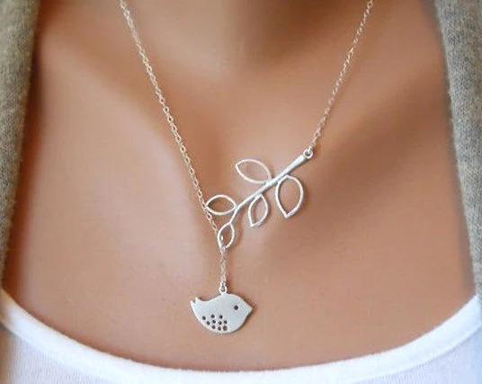 Bird on Leaf Silver Necklace/