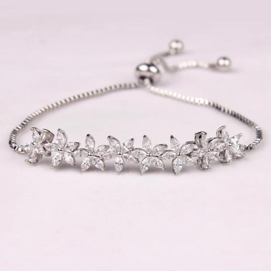 White Gold Platinum Sparkling Crystal Flower Design Bracelet/