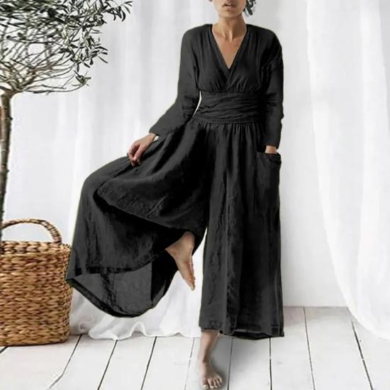 Black V Neck Long Sleeve Cotton Linen Jumpsuit