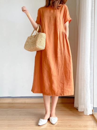 Orange Cotton Linen Midi Dress