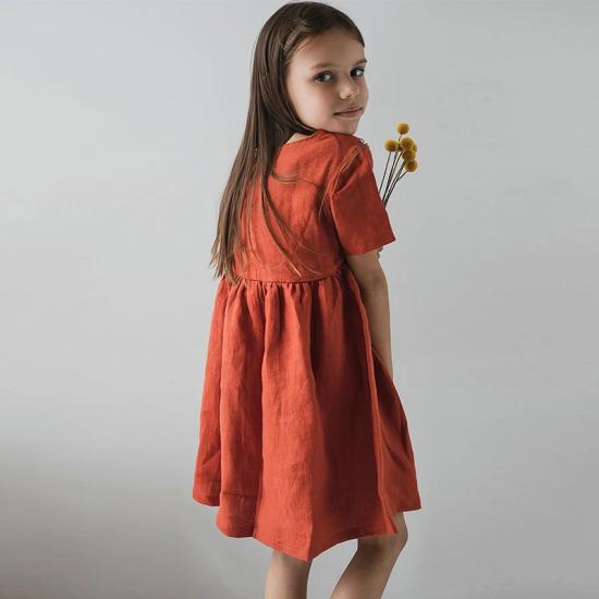 Red Linen Short-Sleeve Princess Dress
