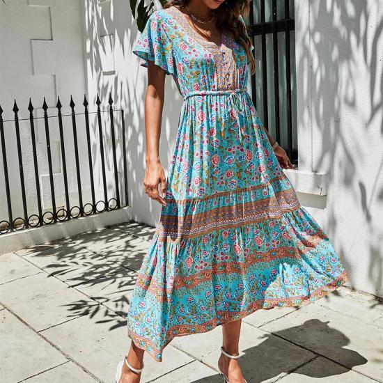 Blue Floral Bohemian Summer Dress   -