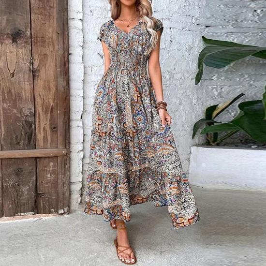 Orange Women Vintage Print Maxi Summer Dress -