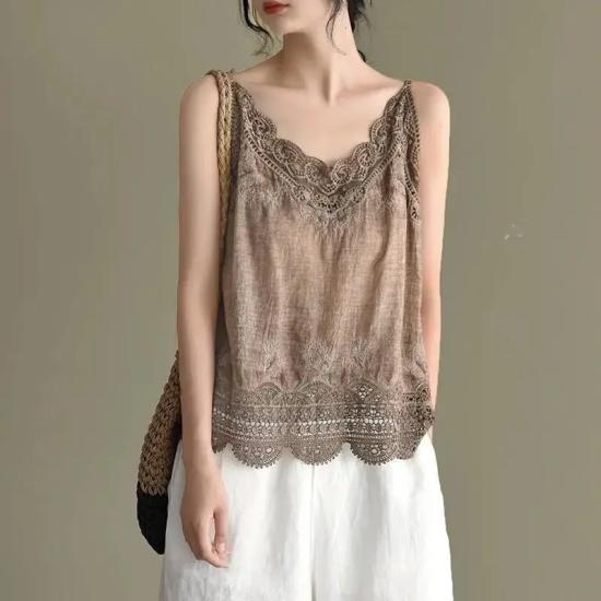 Coffee Cotton And Linen Lace Camisole