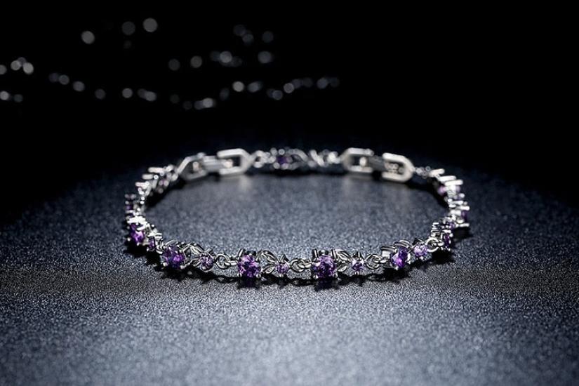 Silver Platinium Purple Cubic Zircon Stone Ladies Bracelet Bangle