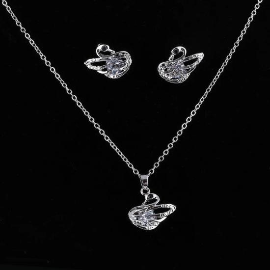 Silver and white crystal stone romantic swan women’s jewelry set