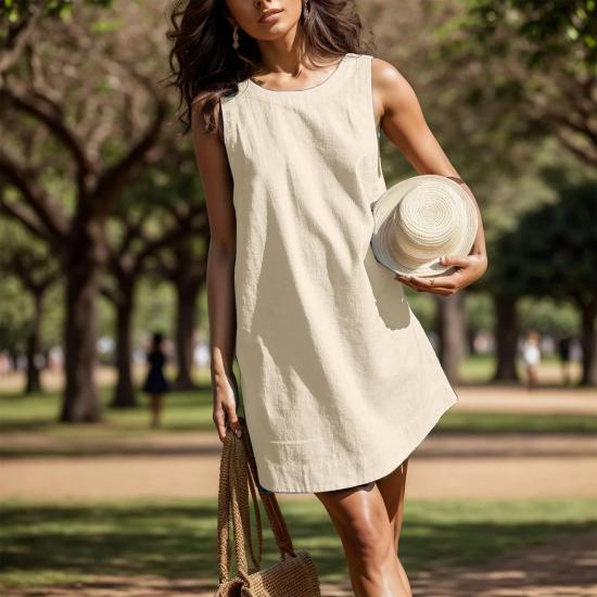 Beige Cotton Linen Sleeveless Mini Dress