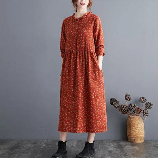 Orange Cotton Linen Floral Long Dress