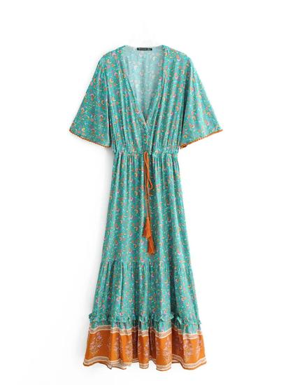  Green Beach Bohemian V  Neck Tassel Maxi Dress