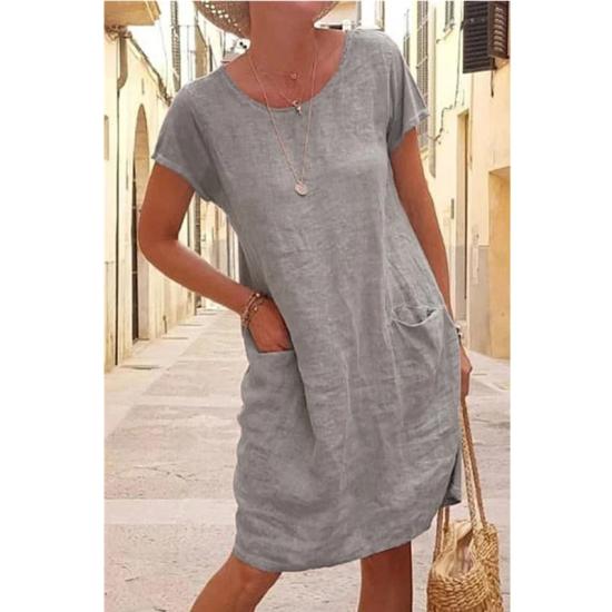 Gray Pocket Short Sleeve O Neck Cotton Linen Midi Dress-