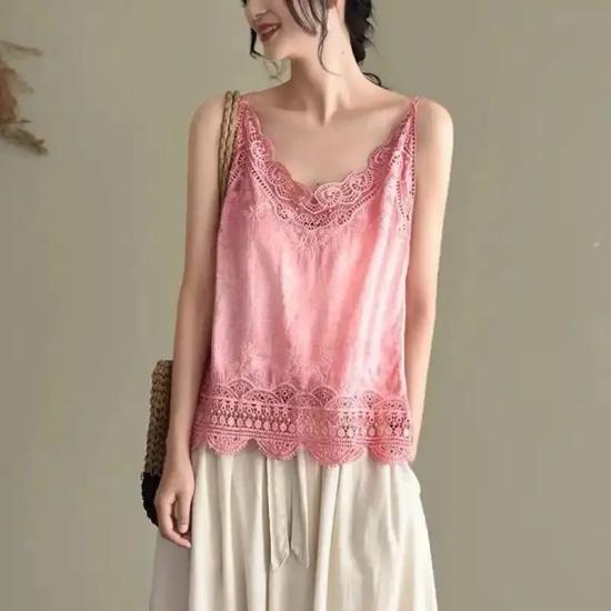 Pink Cotton And Linen Lace Camisole
