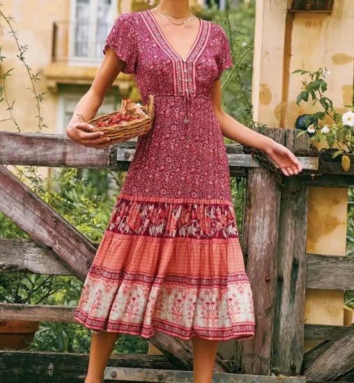 Red Floral Bohemian Casual Summer Dress   