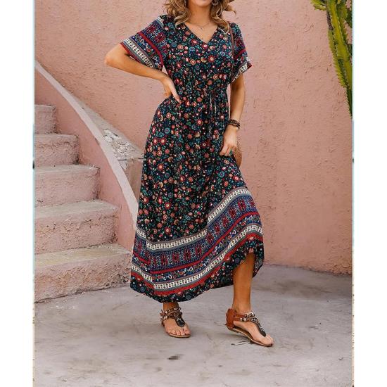 Black V-Neck Floral Print Midi Dress