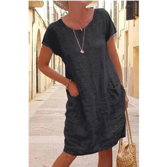 Black Pocket Short Sleeve O Neck Cotton Linen Midi Dress-