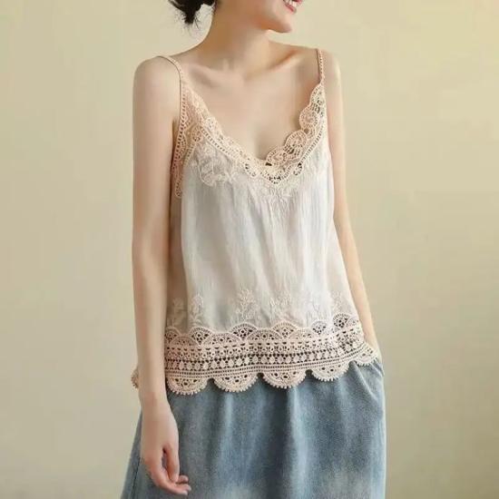 Apricot Cotton And Linen Lace Camisole