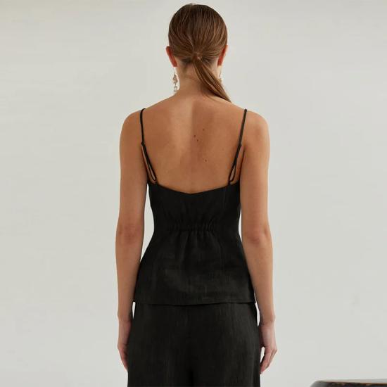 Black Cotton and Linen Summer Tops with Straps 