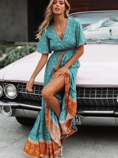  Green Beach Bohemian V  Neck Tassel Maxi Dress