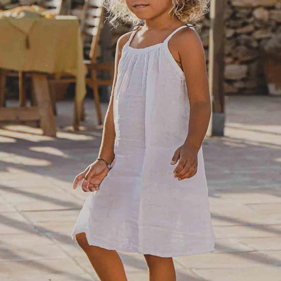 Children Adjustable Shoulder White Summer Dress  