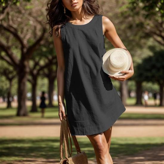 Black Cotton Linen Sleeveless Mini Dress-