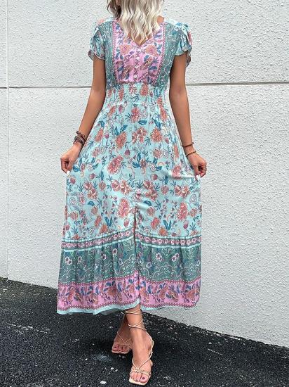 Green Floral Vintage Short Sleeves V Neck Midi Dress